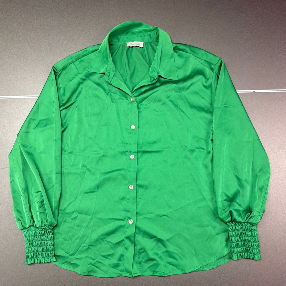 Chenault‎ Women's Large Green Button Front Blouse Long Sleeve Smocked Cuffs